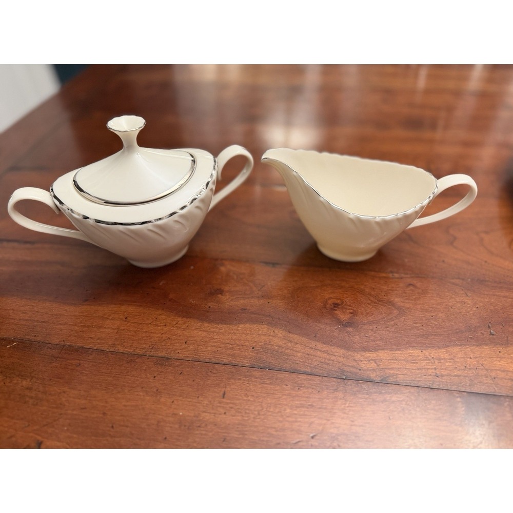 Vintage‎ Lenox Weatherly Creamer and Lidded Sugar Bowl Set Ivory Platinum Swirl